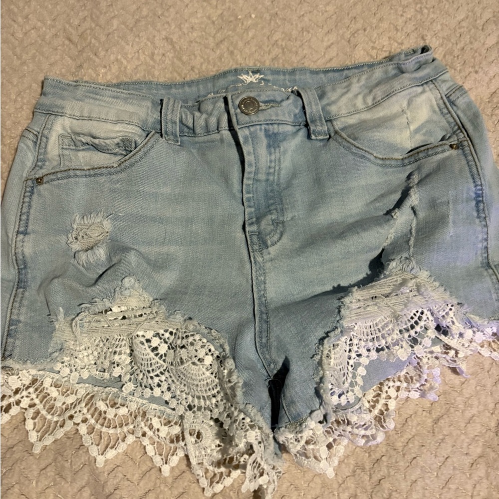 Almost Famous Light Blue Jean Shorts with Lace Accents